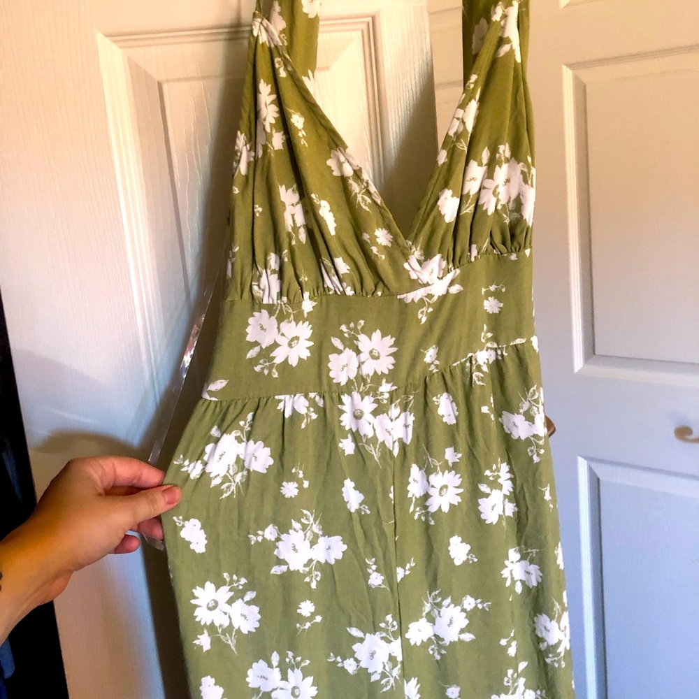 GONE TODAY! Sage Floral Jumpsuit Lightweight Cotton Halter Flowy Wide Leg Pants